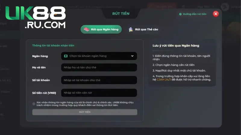 Rút tiền qua ngân hàng trên UK88